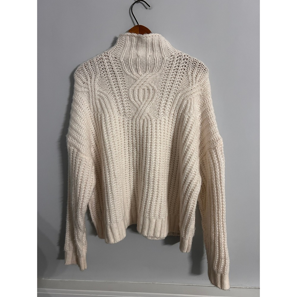 Aerie Cream Chunky Cable Knit Mock Neck Wool Blend Sweater Ivory Medium - Picture 3 of 8
